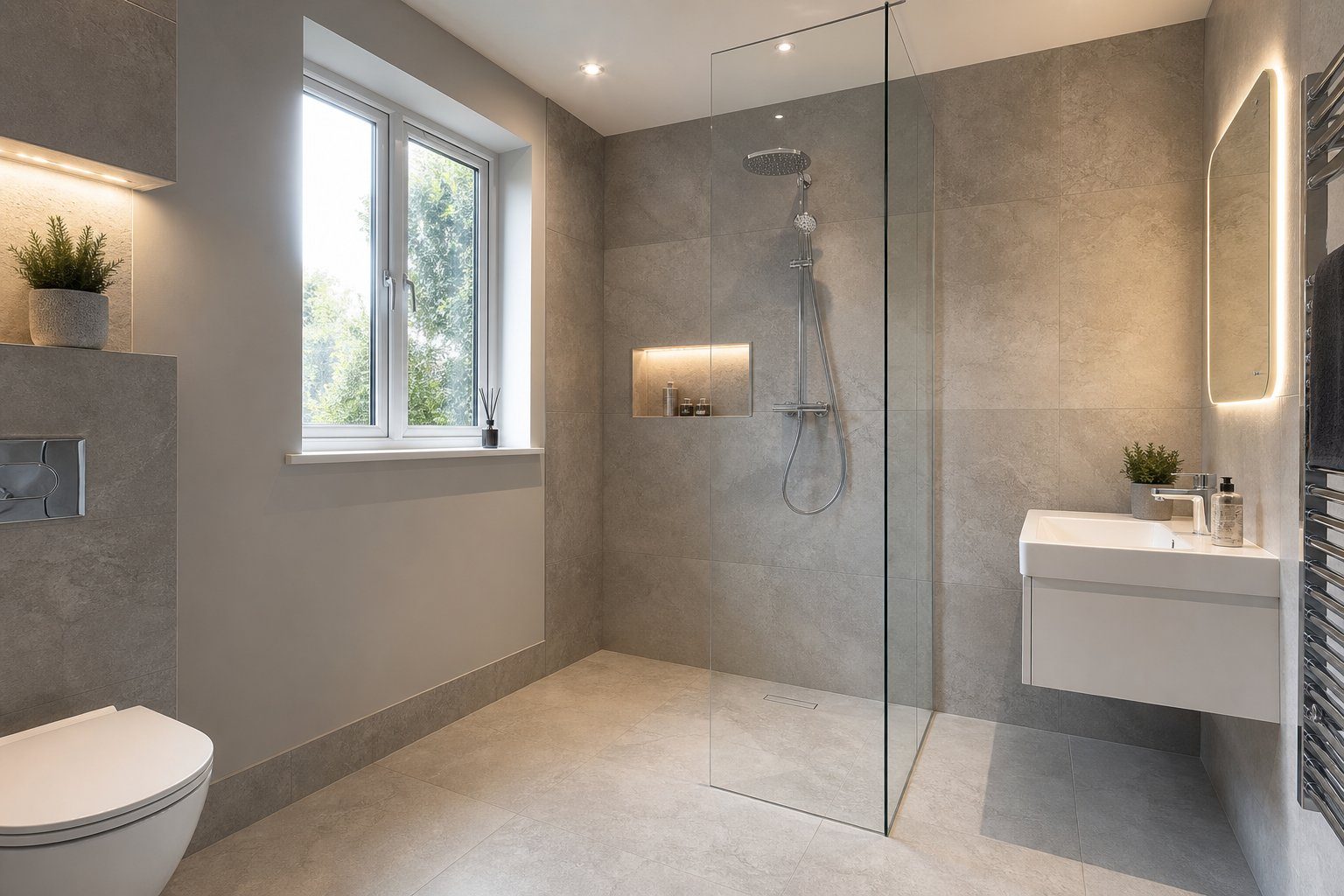 A spacious modern UK wet room with level-access walk-in shower, grey stone tiles and glass screen