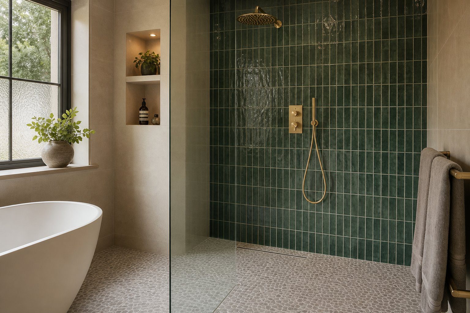 A designer wet room with deep green feature tiles, brushed brass shower and pebble floor