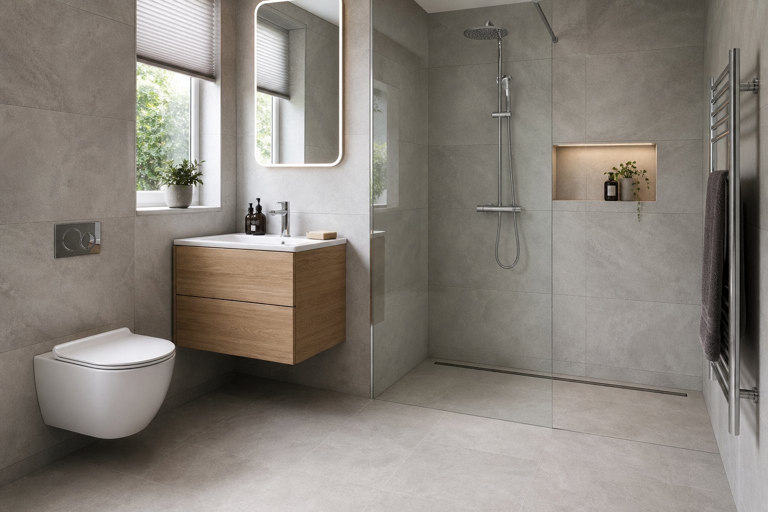 A contemporary UK wet room with wall-hung vanity, grey tiling and linear shower drain