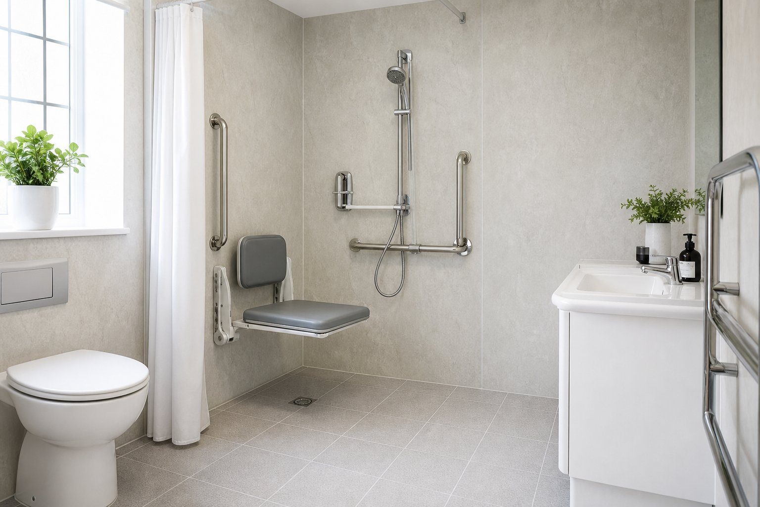 An accessible wet room with fold-down shower seat, grab rails and level-access floor