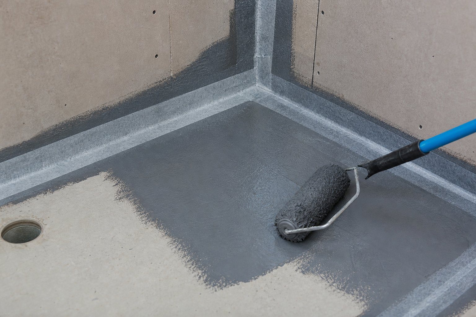 Grey waterproof tanking membrane being roller-applied to a wet room floor and wall corner