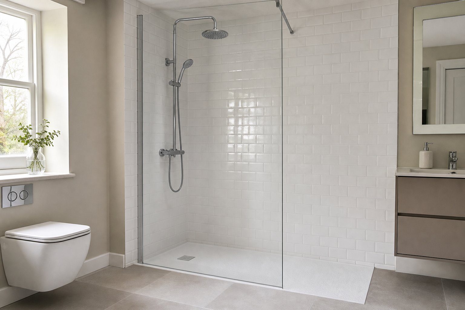 A walk-in shower with single glass panel, white metro tiles and low-profile tray